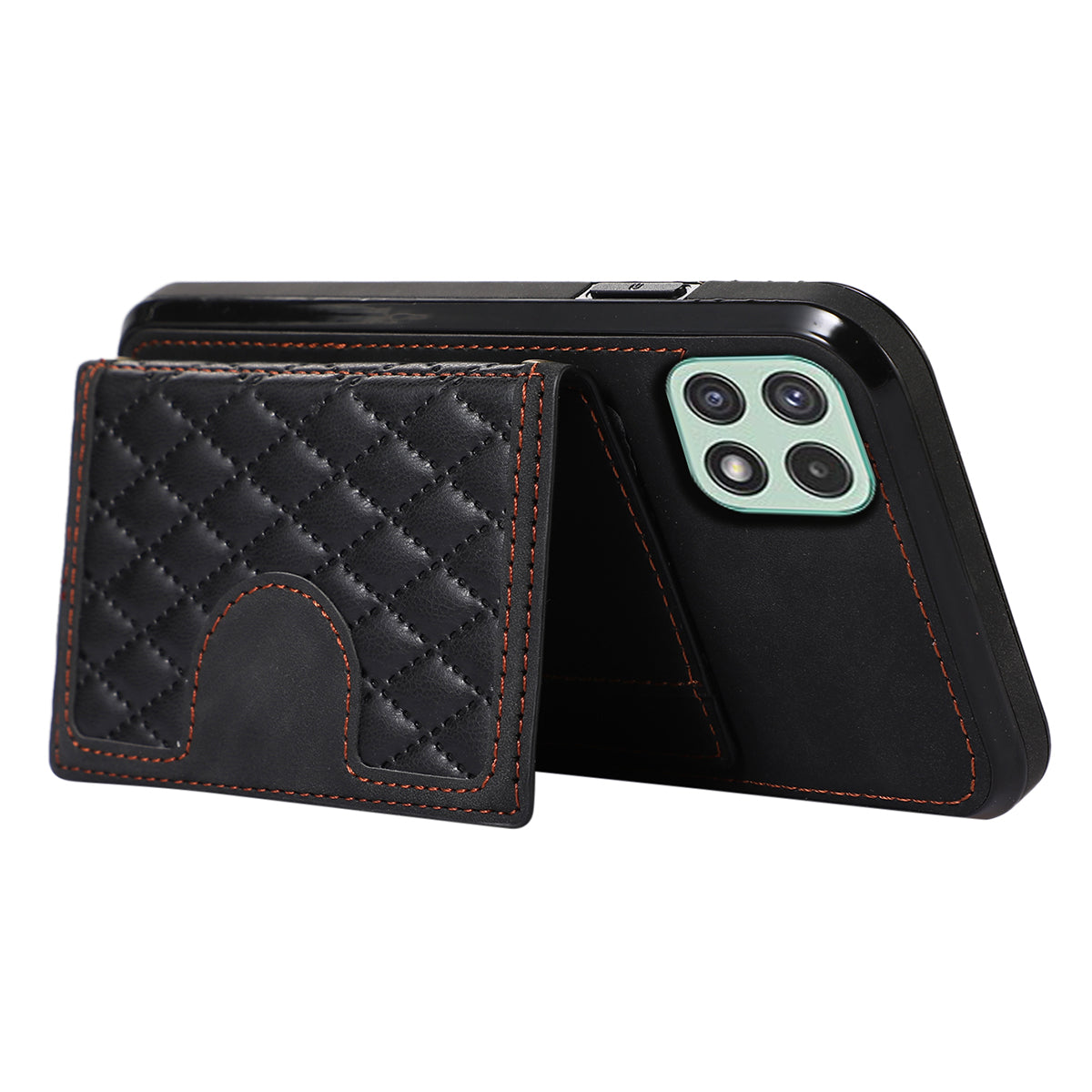 For Samsung Galaxy A22 5G (EU Version) Rhombus Grid Phone Case TPU+PU Leather Kickstand Shell - Black For Samsung Galaxy A22 5G (EU Version) Rhombus Grid Phone Case TPU+PU Leather Kickstand Shell - Black
